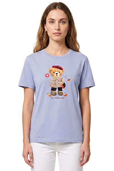 DK DAKSEL Tricou de damă albastru cu imprimeu ursuleț de toamnă, 100% bumbac,...