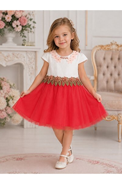 Lindissima Rochie de seara din tul pentru fete, cu aplicatii florale, detaliu...
