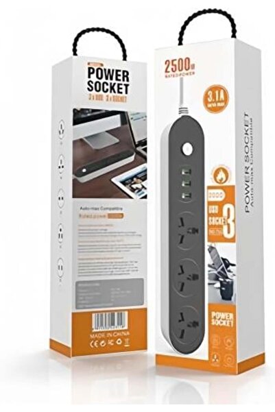 Other Power Strip 3 Sockets + 3 USB — 2500 W, Fire Resistant, 2 Meter Cable, ...