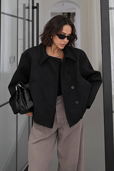 SHILSEE BEUTİQUE Women's Black Double Collar Premium Short Trench Coat