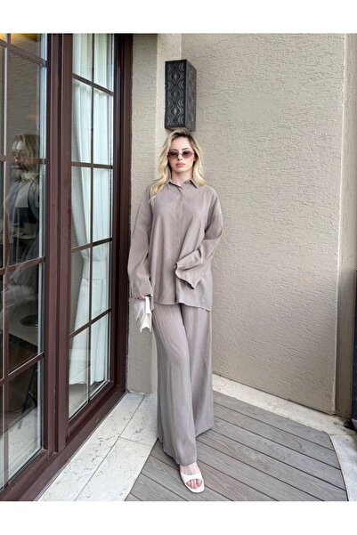 Moda Aydın Butik طقم نسائي مودال بتفاصيل حجرية مريح مكون من قطعتين M41411 - مينك