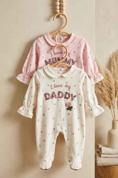 Babydonat Bebek %100 Pamuklu Dantel Detaylı Floral Nakışlı Mummy & Daddy Tema...
