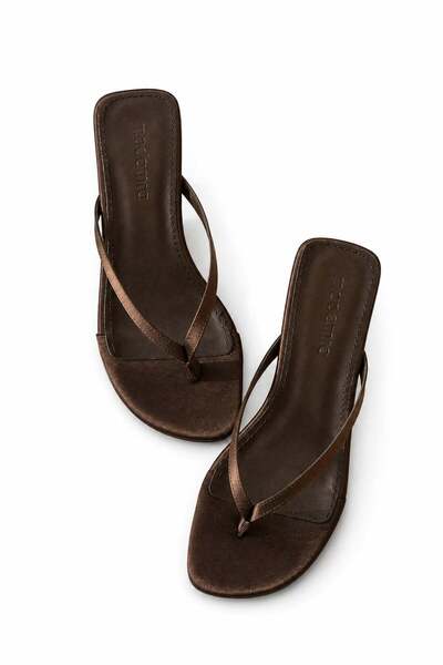 Madamra Brown Women's Thin Strap Short Heeled Casual Slippers