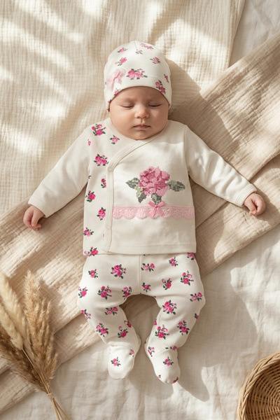 Babyim Baby Girl Rose Patterned 3-Piece Set - 100% Cotton Lace Detailed Doubl...