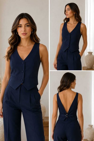 GİYİYORUM Dark Blue V-Neck Women's Vest with Buttoned Back Detail