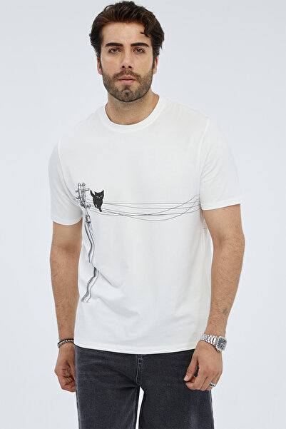 Elektrik Telinde Kedi Baskılı Basic T-Shirt