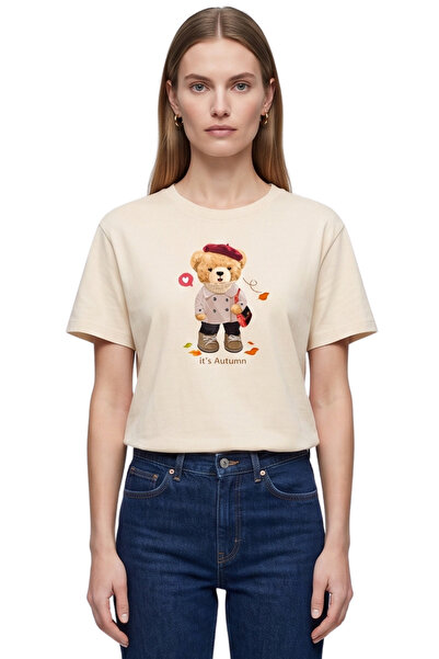 DK DAKSEL Tricou de damă bej cu imprimeu ursuleț de toamnă, 100% bumbac, croi...