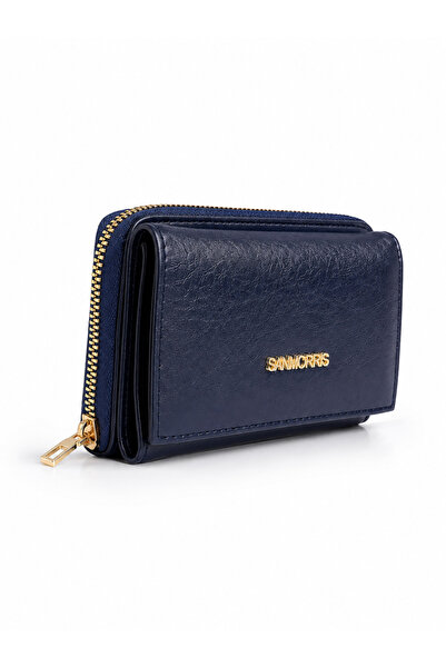 Sanmorris Women's Soft Faux Leather Multi-Card Holder Zippered Wallet Navy Blue