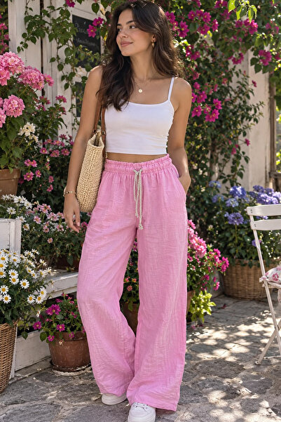 FH Living Kadın Pembe Müslin Pantolon – Beli Lastikli Bağcıklı Rahat Kesim