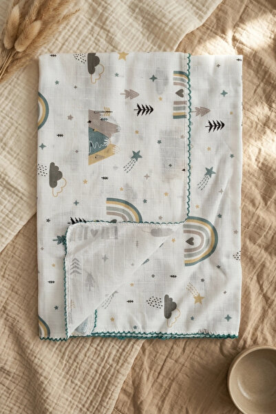 Babydonat Green Forest Patterned Cotton Muslin Baby Blanket with Piping and E...