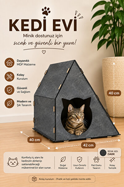 Minar Kedi Evi Kedi Yuvası MDF Kedi Oyun Evi 42x40x40 cm Dark