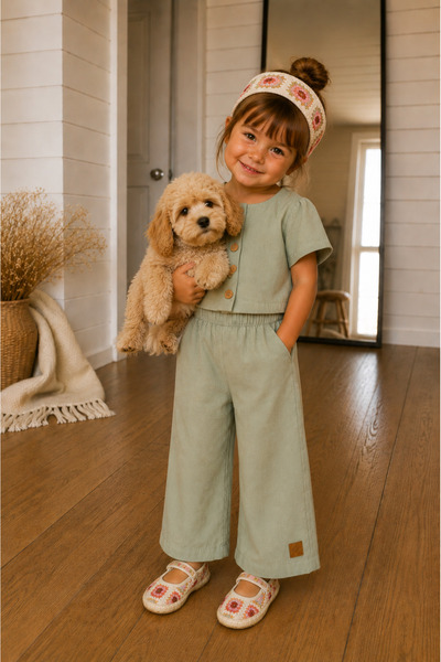 Elo Leather Label Buttoned Linen Khaki Baby Girl Set
