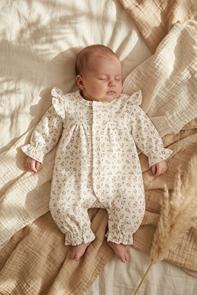 Babydonat Minik Fiyonk Desenli % 100 Pamuk, Omuz Detaylı 0-3 Ay Ayaksız Kız B...