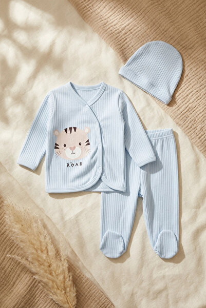 Babydonat Mio Roar Baby Blue Ribbed 3-Piece Set - Cotton Double-Breasted Card...