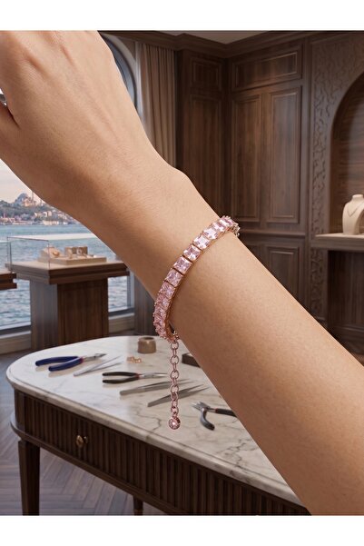 Pembe Zirkon Taşlı Gold Kaplama Su Yolu Kadın Bileklik