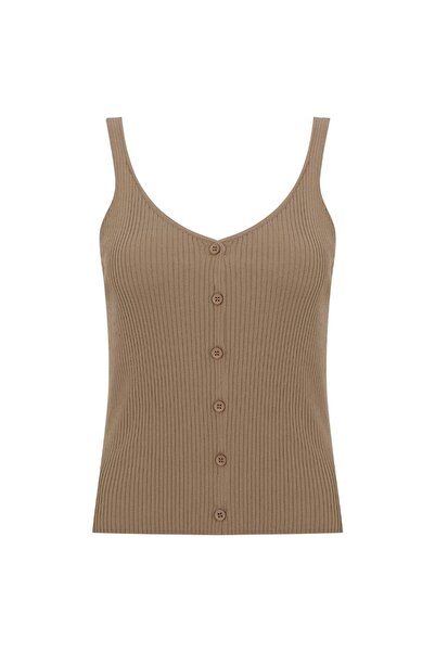 Beauty Omelette Camel Strappy Buttoned Knitwear Top