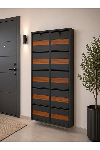 Karlı Home 5 Li Antrasit Desenli Kilitli Metal Ayakkabılık 20 ÇİFT Kapasiteli...