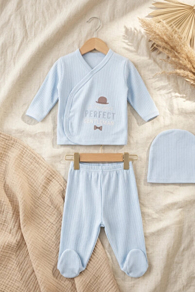 Babydonat Perfect Baby Blue Ribbed 3-Piece Set - Cotton Double-Breasted Cardi...