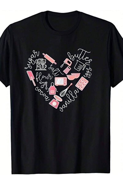 Generic Baking-Themed Graphic T-Shirt Cute Pink Tools Design With Heart Cupca...