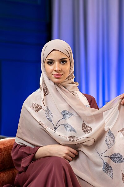 LAVİNİA Beige and Brown Leafy Chiffon Shawl with Navy and Brown Leaves