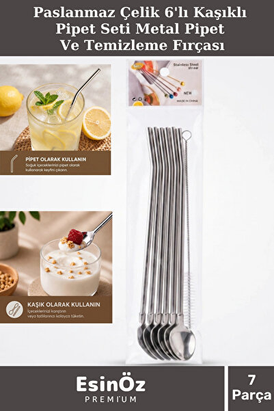 EsinÖz #Pipet Paslanmaz Çelik 6'lı Kaşıklı Pipet Seti Pipet Ve Temizleme Fırç...