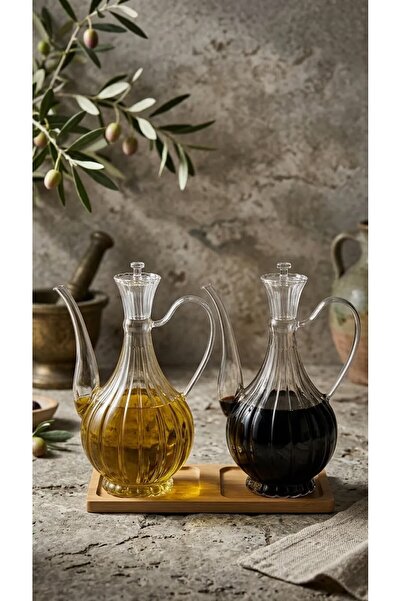 LeylArt Cam Yağdanlık 750ml+750 Ml Glory Çizgili Bambu Stantlı Borosilikat Si...