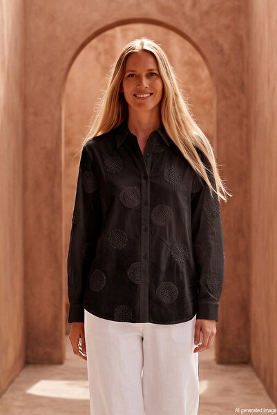 Lale Butik Levidor Embroidery Detail Shirt 230180 Black