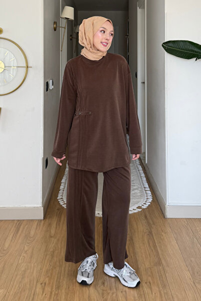 Tesettür Diyarı İlba Pike Original Modal Fabric Brit Detailed Hijab Σετ - Καφέ