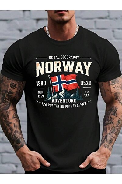 21JNRY Plus Size Men'S Adventure Style T-Shirt, Norwegian Flag And Mountain P...