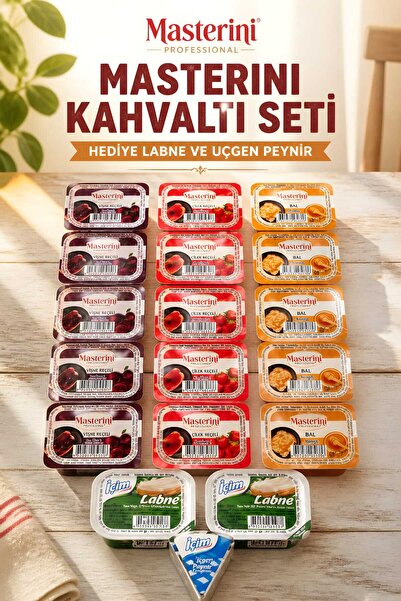 MASTERİNİ Kahvaltı Seti 20g 5x Vişneli + 5x Çilekli + 5x Bal ve Labne, Üçgen ...