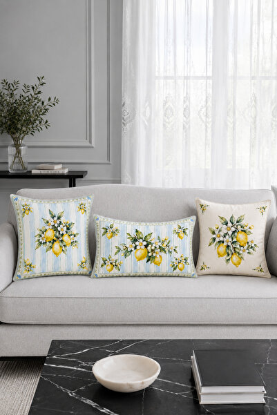 HOMESSA Pastel Blue Lemon 3 Piece Decorative Throw Pillow Cover
