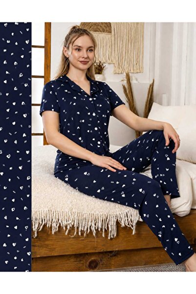 ATLAS LIFE Milan Kumaş Kalp Desenli Gömlek Yaka Pijama Takımı