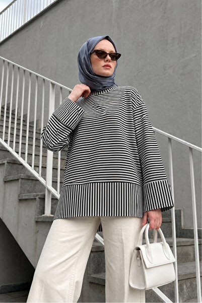 LENFORA Yırtmaçlı Çizgili Viskon Sweatshirt -Siyah