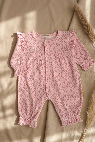 Babydonat Minik Kalp Desenli % 100 Pamuk, Omuz Detaylı 0-3 Ay Ayaksız Kız Bebek Tulumu