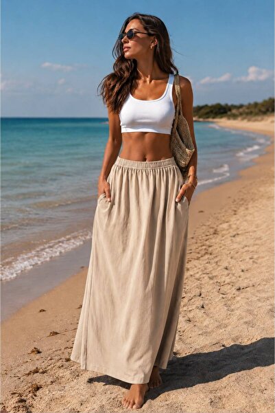 Echo&Ember Women's Linen Blend Summer Skirt with Pockets and Elastic Waist (1...