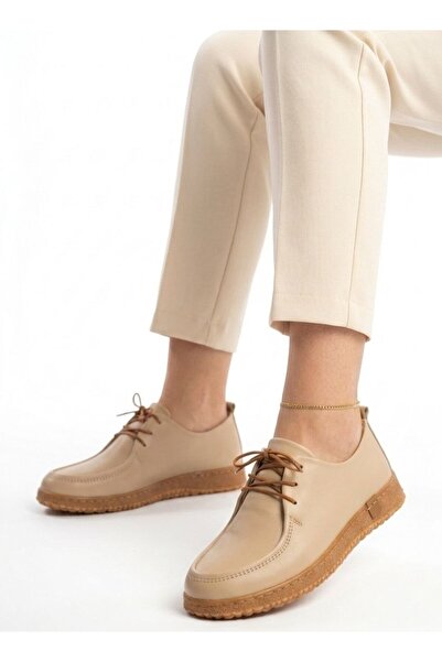 Gönbeler Women's Casual Shoes Genuine Leather Stitched Beige Cream Orthopedic...