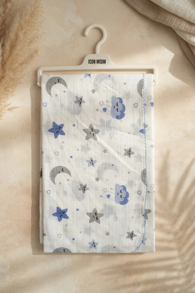 Babydonat Cloud Patterned Blue Edge Piping Embroidered Cotton Muslin Baby Bla...