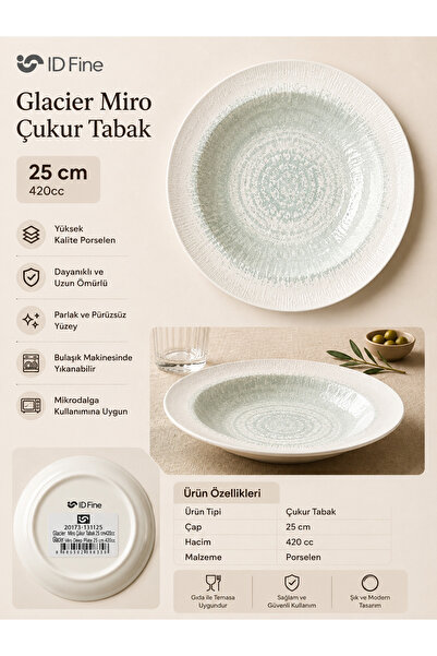 İD FİNE Glacier Miro 25 cm 420 cc Çukur Tabak Porselen Yemek Tabağı
