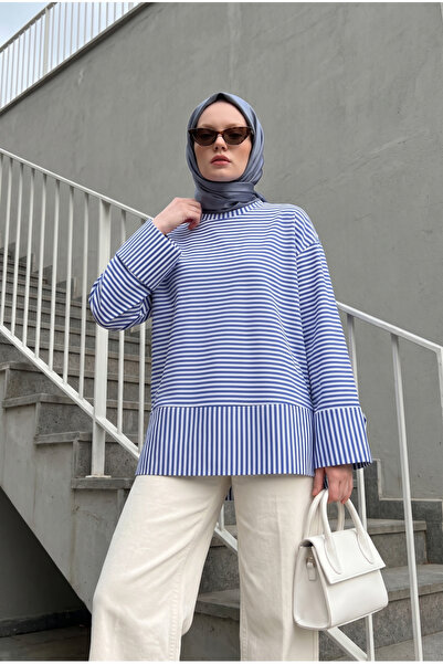 LENFORA Yırtmaçlı Çizgili Viskon Sweatshirt -İndigo