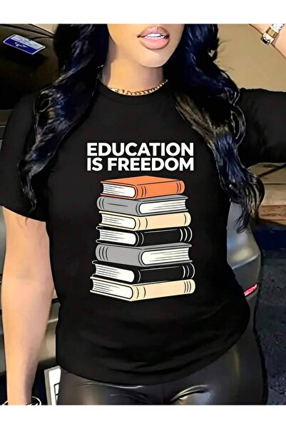 21JNRY Casual Graphic Women's T-Shirt Education Is Freedom Stack Design Summe...