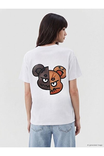 Flubutik Tricou de damă alb din bumbac, cu imprimeu cu caricaturi de fețe, cr...