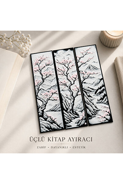 Dokulu 3’lü Kitap Ayracı Seti – Sakura Kiraz Çiçeği ve Dağ Manzaralı Dekoratif Kitap Ayracı