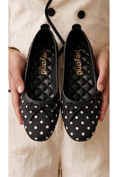 Beyond Women's Black Satin New Bowknot Polka Dot Detailed 1cm Ballerina Flats...