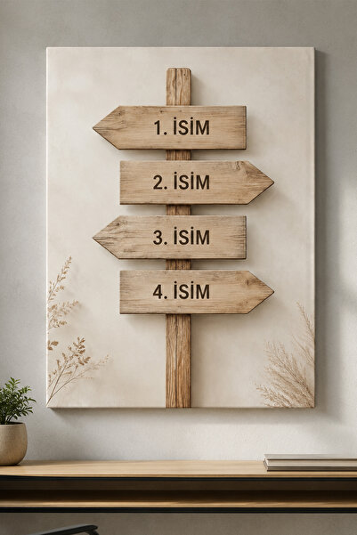 Kişiye Özel 4 İsimli Yön Tabelası Tasarımlı Kanvas Tablo