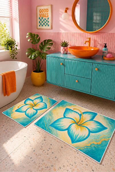Evmila Yellow Turquoise Tropical Floral Patterned Bath Mat Set of 2