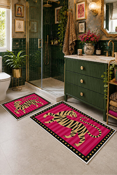 Evmila Fuchsia Green Tiger Patterned Non-Slip Base Bath Mat Set of 2