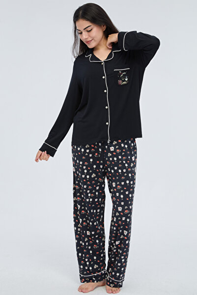 Goodmother Kedi Baskılı Uzun Kollu Pijama Takımı