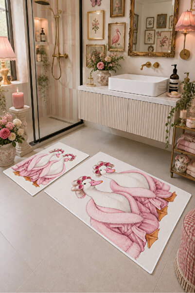 Evmila White Pink Bath Mat with Duck Pattern and Bathrobe, Set of 2