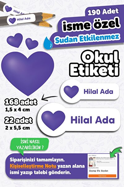 MSticker 190 Adet Kişiye Özel Okul Etiketi İsimli Kalem Defter Suluk Etiket Dayanıklı Etiket Renkli Mor Kalp