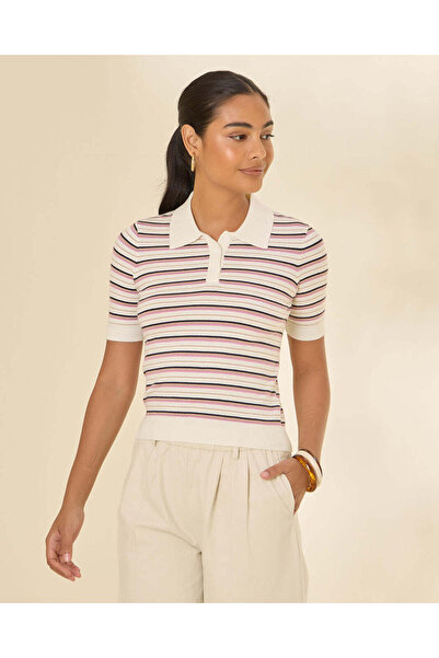 REDTAG Girls White Striped Polo Knit Top